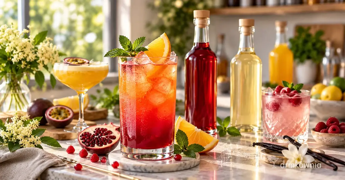 Kolorowe syropy do drinków i kilka koktajli na jasnym blacie w domowym barze.