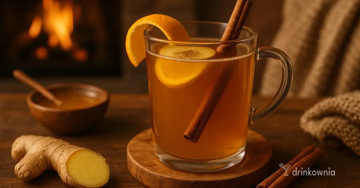 Miodowy drink z rumem i imbirem w szklance przy kominku, z cynamonem i pomarańczą, idealny na zimowe wieczory.