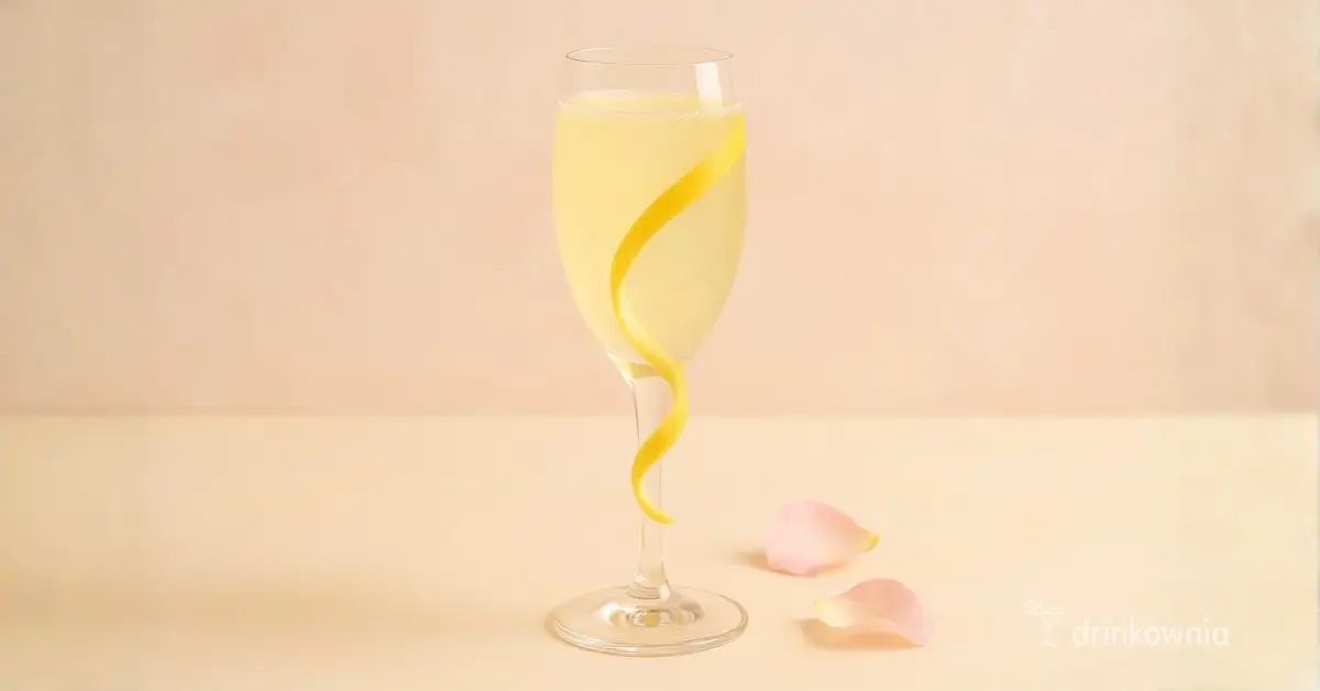 Mocktail French 75 w kieliszku szampańskim z cytrynową spiralą, w pastelowej scenerii z płatkami róż.