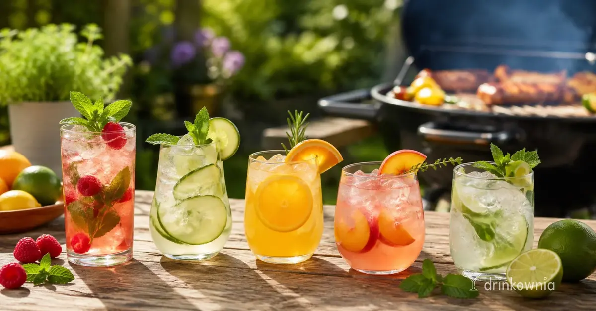 Pięć kolorowych bezalkoholowych drinków z owocami i ziołami na drewnianym stole podczas letniego grilla w ogrodzie.