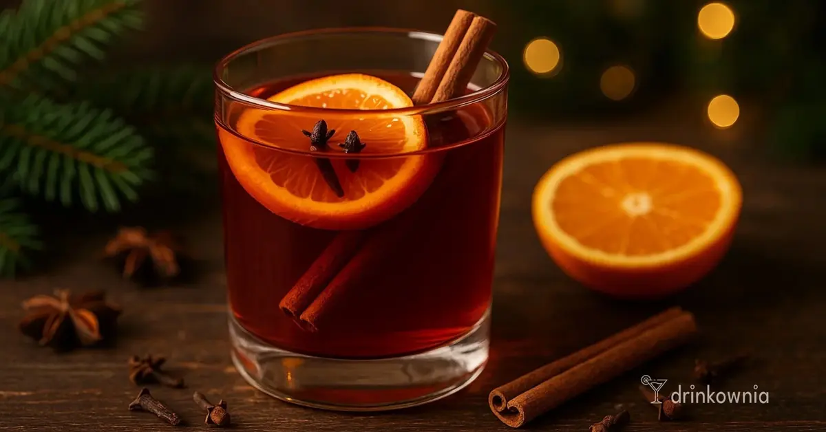 Rozgrzewające Mulled Negroni z pomarańczą i korzennymi przyprawami, podane w zimowej, nastrojowej świątecznej scenerii.