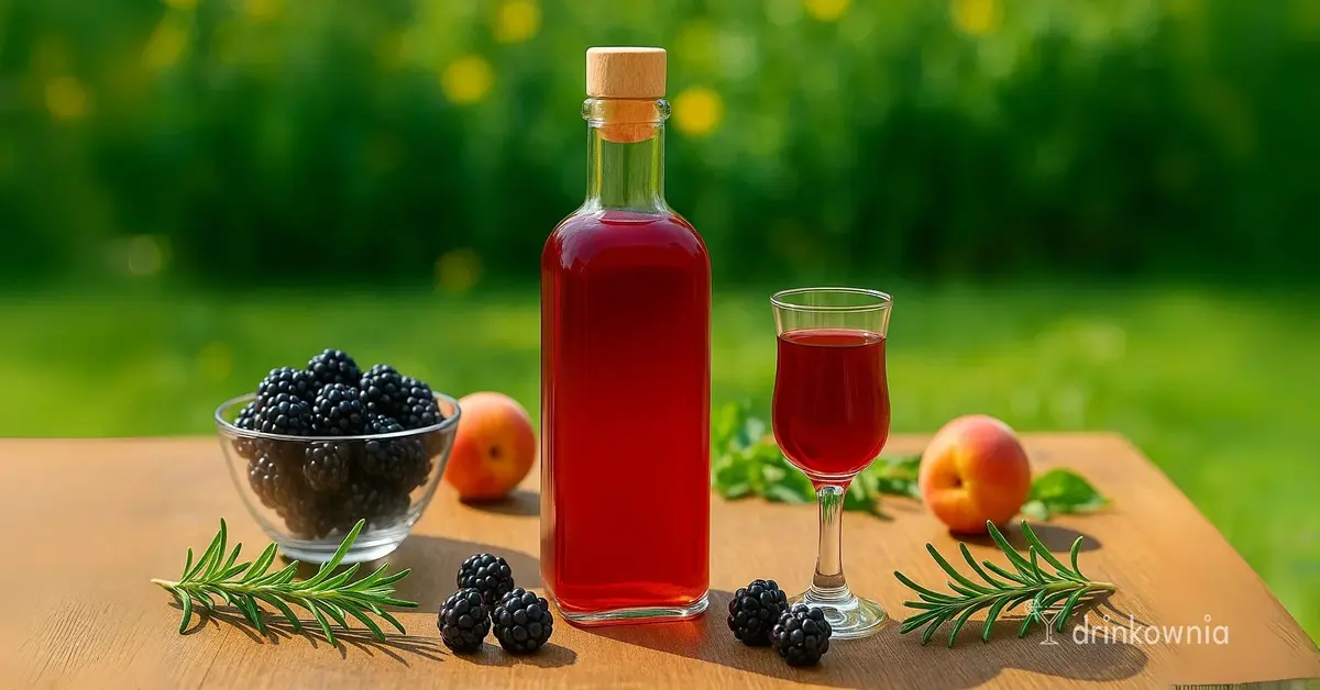 Butelka domowej nalewki z jeżyn i rozmarynu na drewnianym stole w ogrodzie, obok świeżych owoców i ziół.