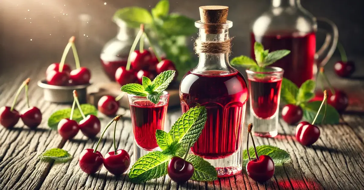Butelka nalewki z czereśni i mięty na rustykalnym tle, ma głęboki czerwony kolor, otoczona świeżymi czereśniami i miętą