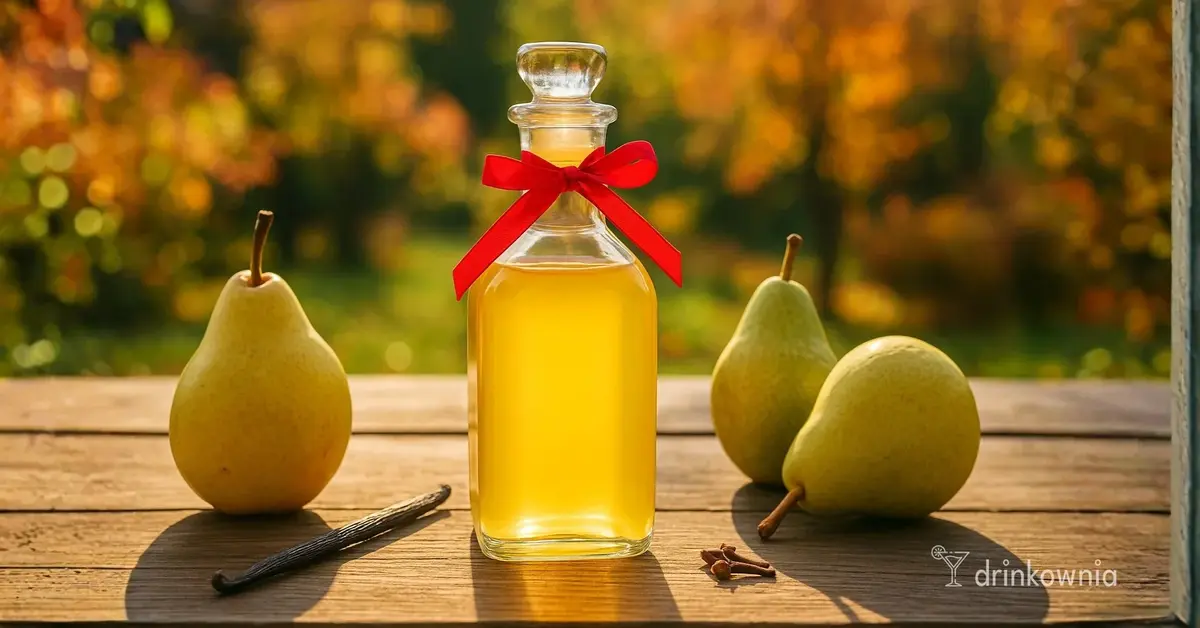 Butelka domowej nalewki z gruszek i wanilii z czerwoną wstążką, na drewnianym stole w jesiennym ogrodzie.