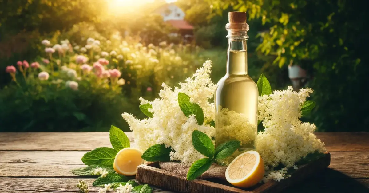 Butelka nalewki z kwiatów czarnego bzu na rustykalnym stole, otoczona świeżymi kwiatami bzu i plasterkami cytryny.