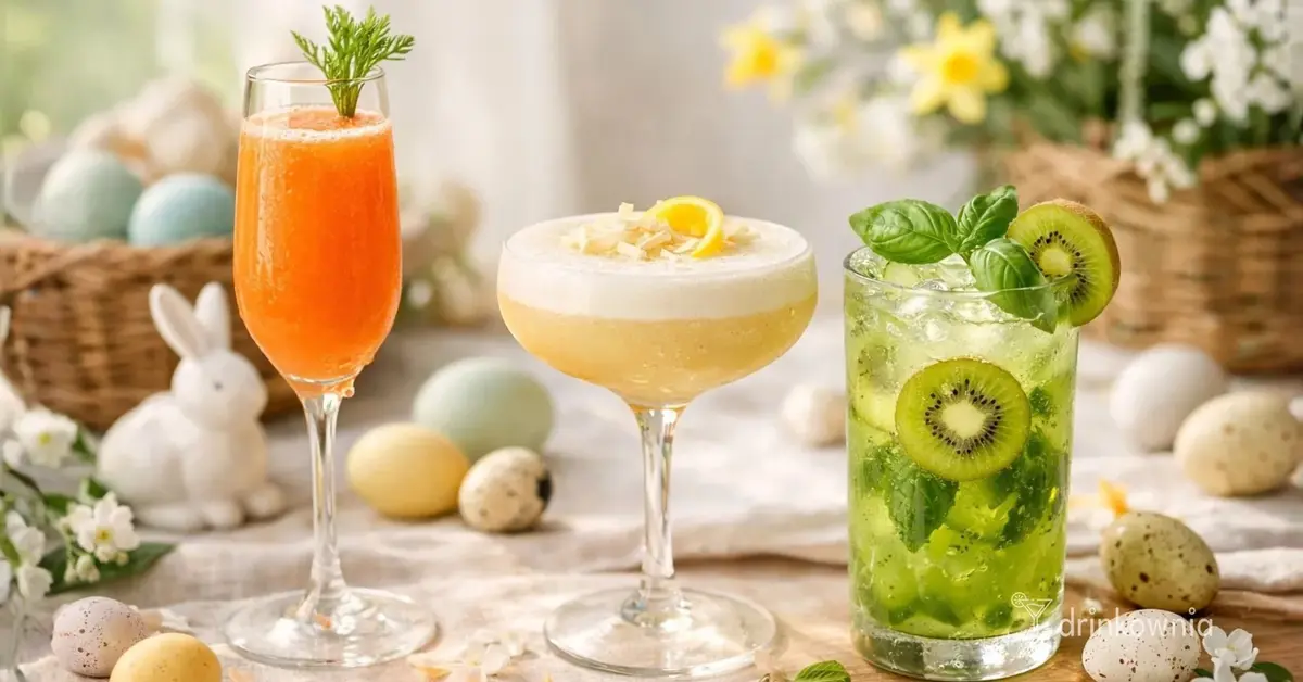 Wielkanocne drinki na stole: mimosa marchewkowa, cytrynowy koktajl z białą czekoladą i kiwi z bazylią