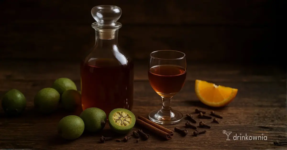 Domowa nalewka orzechowa w karafce i kieliszku, obok zielone orzechy, cynamon, goździki i plaster pomarańczy.