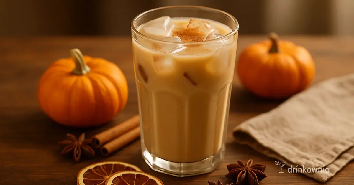 Pumpkin Chai Cooler w wysokiej szklance z lodem, otoczony dyniami, cynamonem i anyżem na jesiennym stole.