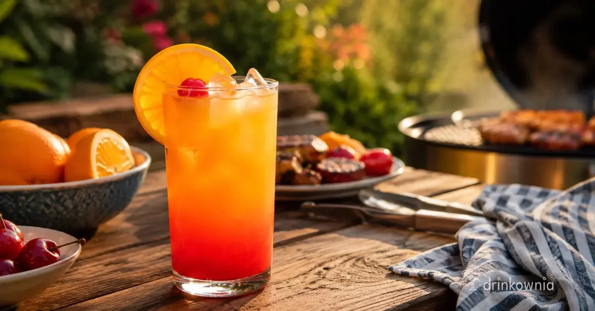 Kolorowy drink Sex on the Beach z pomarańczą na stole w ogrodzie obok grilla i letnich owoców.
