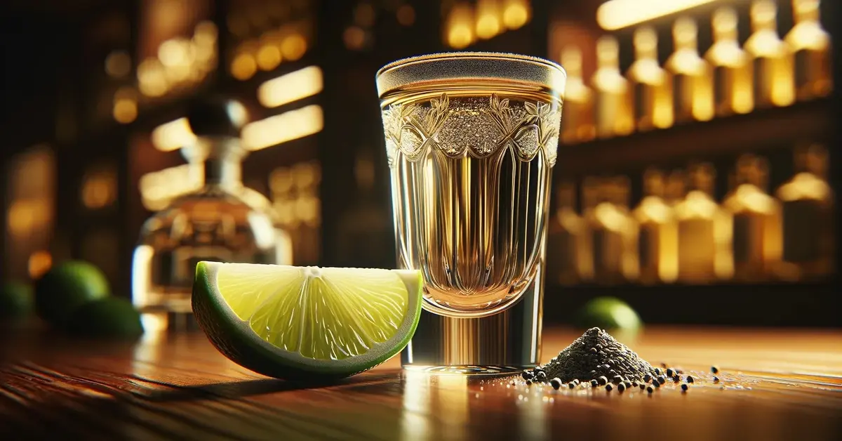 Zdjęcie przedstawia shot z tequili w towarzystwie limonki oraz świeżo zmielonego czarnego pieprzu z barem w tle.