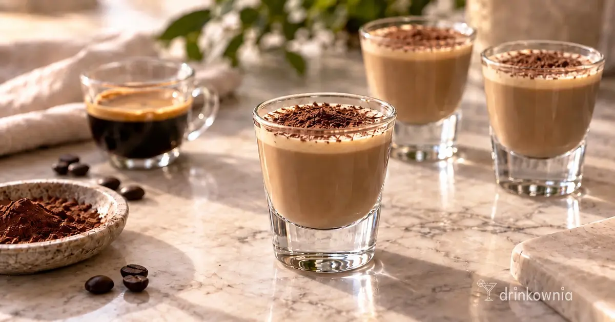 Kremowy shot tiramisu z espresso i kakao, z kawą i ziarnami na jasnym marmurowym blacie.