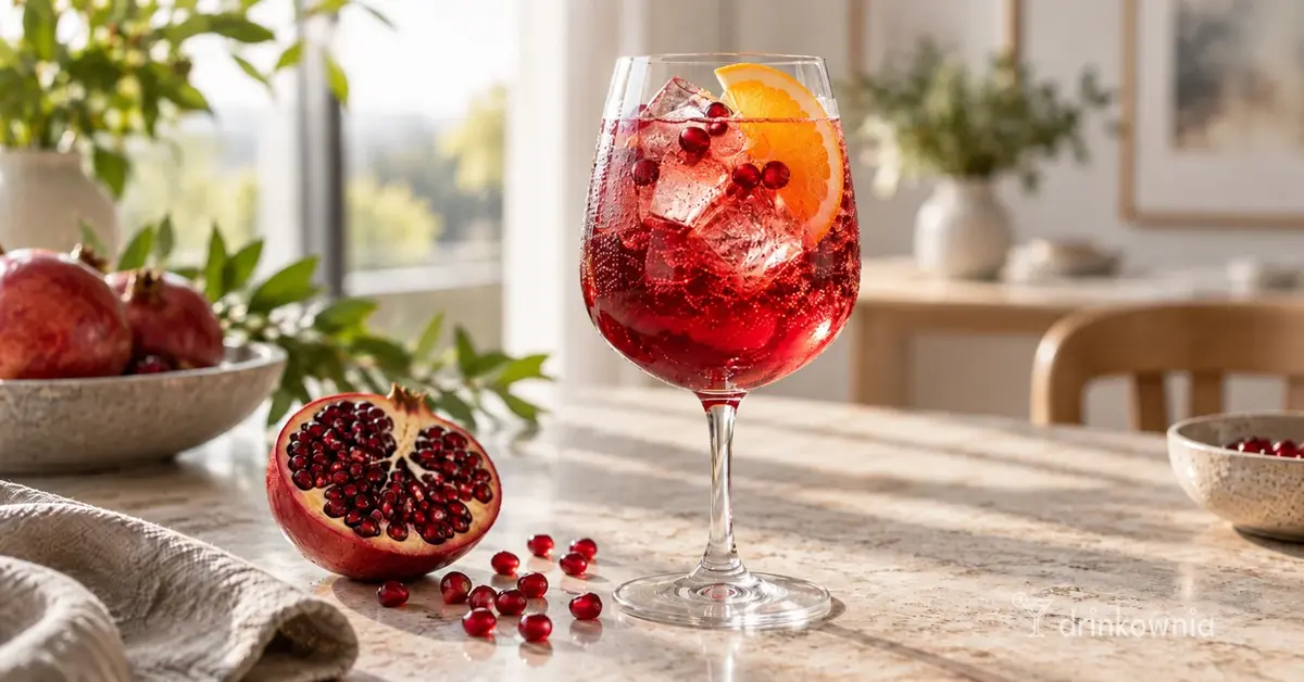 Rubinowy Spritz 0% z granatem, lodem i pomarańczą w kieliszku do wina, obok przekrojonego granatu.