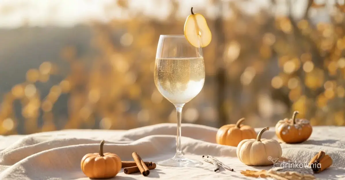 Elegancki spritz gruszka-wanilia w popołudniowym, ciepłym słońcu. Miękkie rozmycie tła i jesienne dekoracje.