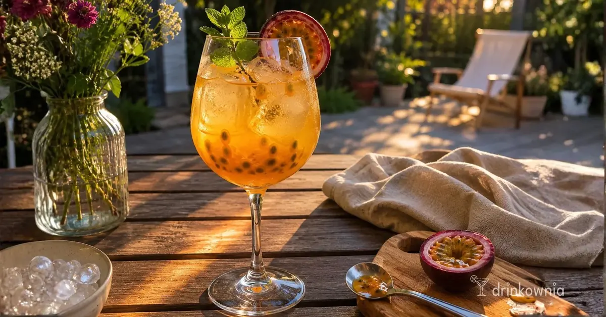 Spritz z marakują i prosecco z lodem na drewnianym stole w letnim ogrodzie.