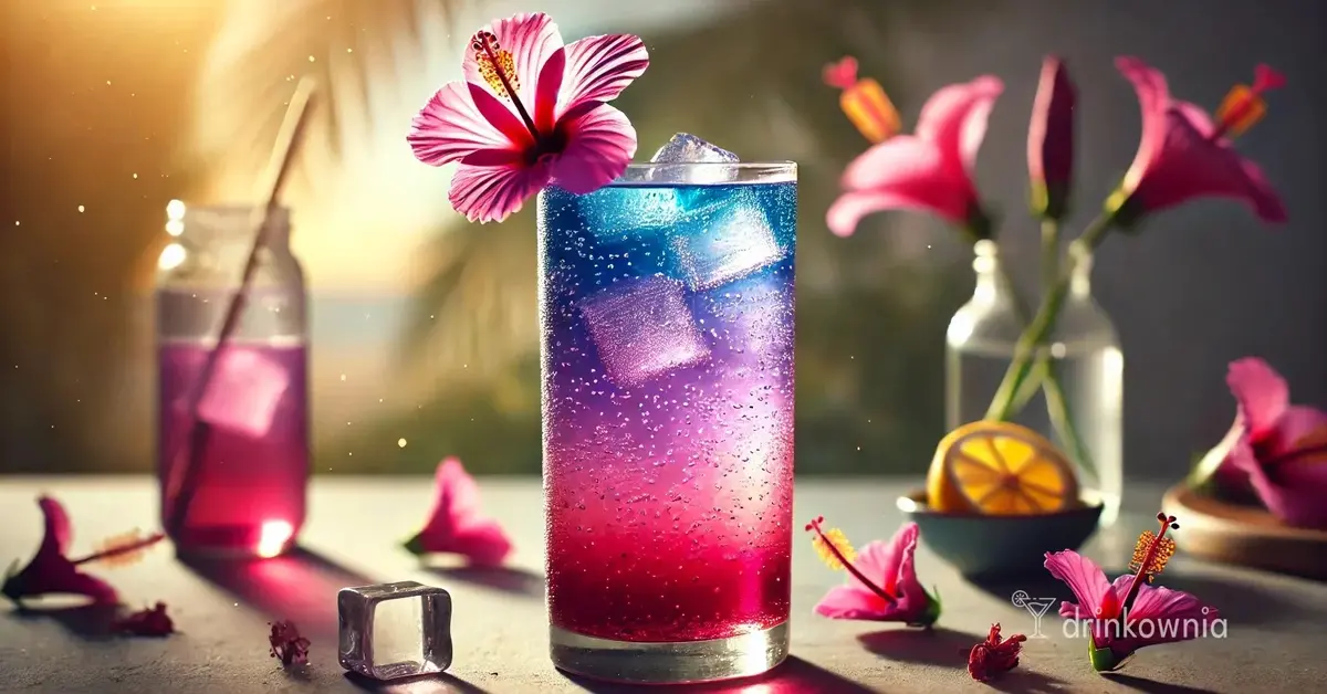 Drink Magiczny Kwiat Hibiskusa: różowo-niebieski gradient, kwiat hibiskusa, cytryna, orzeźwiający napój na lato.