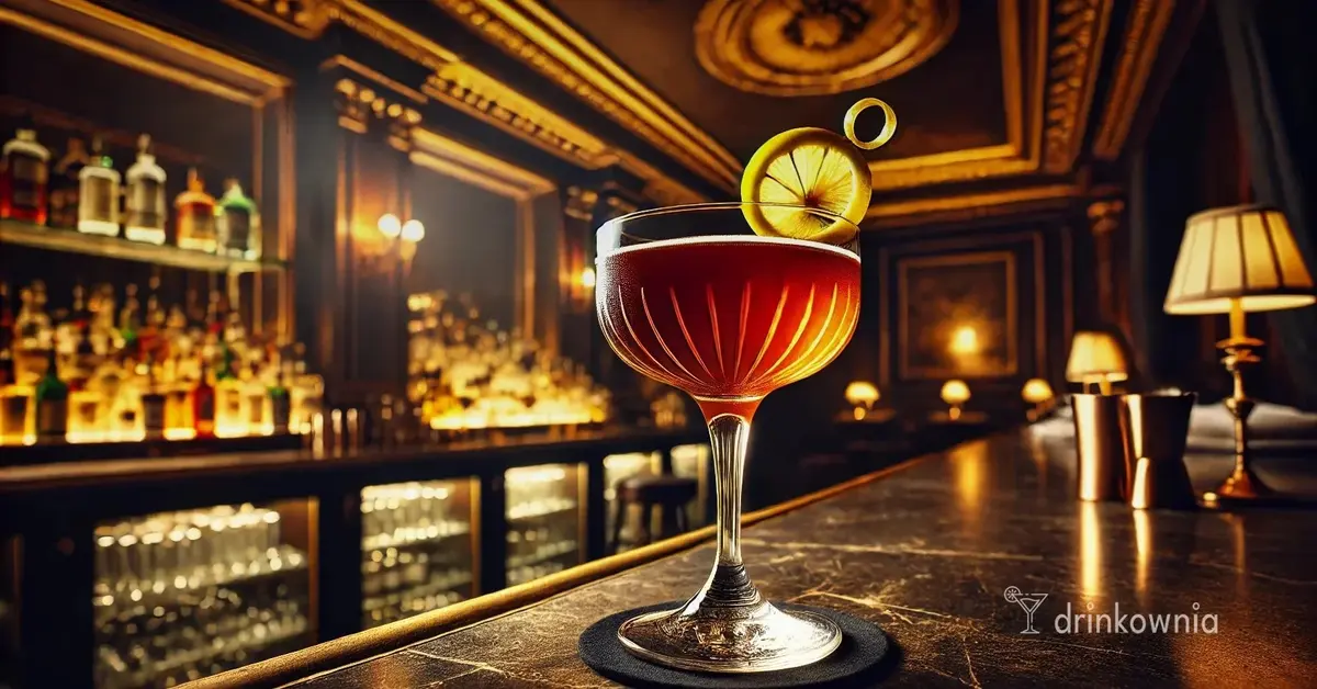 Champs-Élysées – elegancki koktajl w kieliszku coupe o bursztynowym kolorze, udekorowany skórką cytryny.