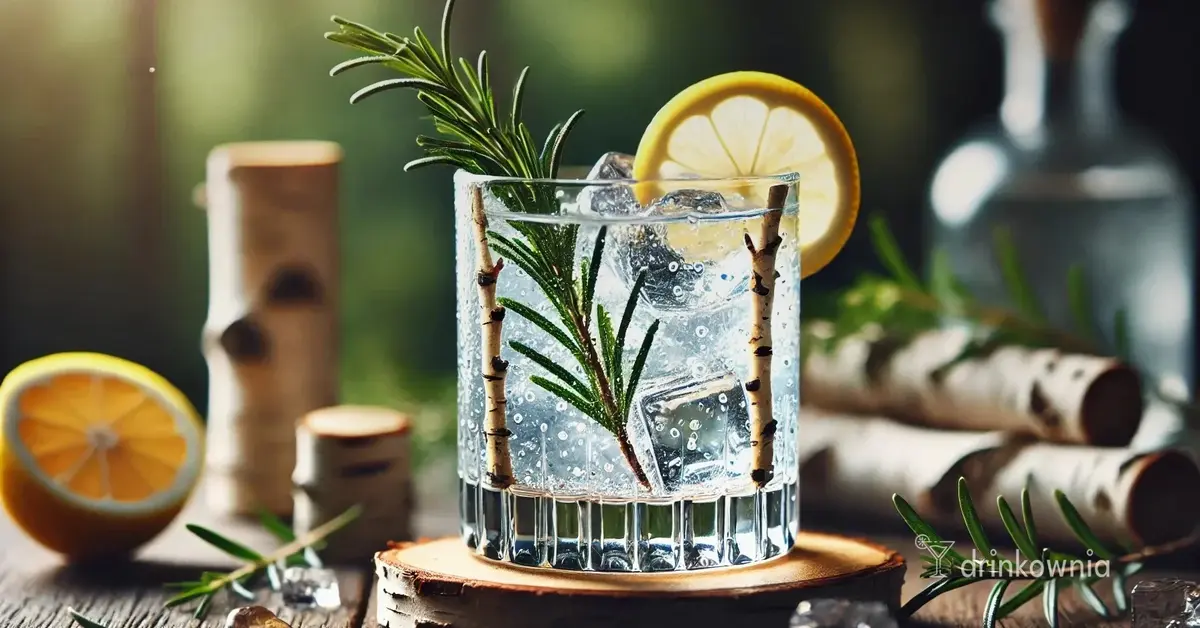 Elegancki koktajl z wodą brzozową, lodem, rozmarynem i cytryną, na drewnianym tle z elementami brzozy i leśnym akcentem.