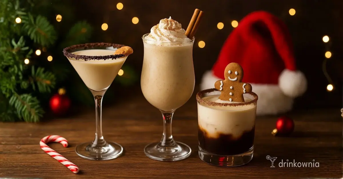 Trzy świąteczne deserowe drinki w bożonarodzeniowej scenerii: martini, shake cynamonowy i piernikowy koktajl.