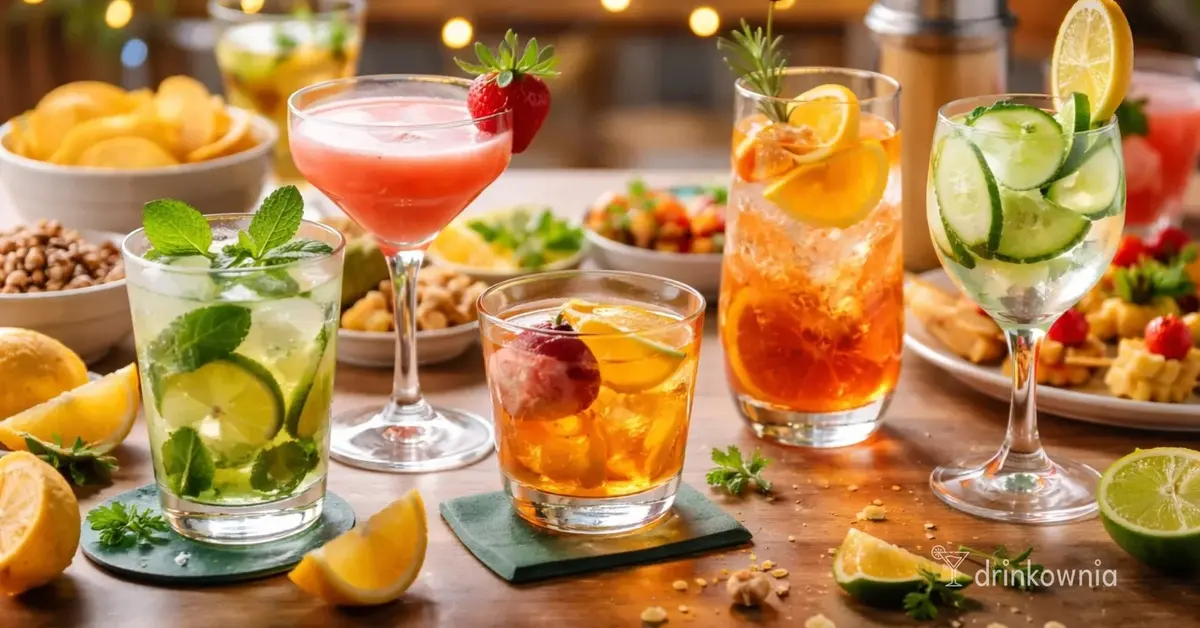 Różne drinki na drewnianym stole: owocowe, cytrusowe i ziołowe koktajle przygotowane na domówkę