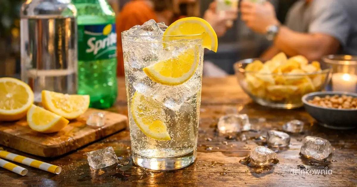 Domówkowy drink z wódki, Sprite’a i cytryny z lodem, podany w wysokiej szklance podczas spotkania ze znajomymi