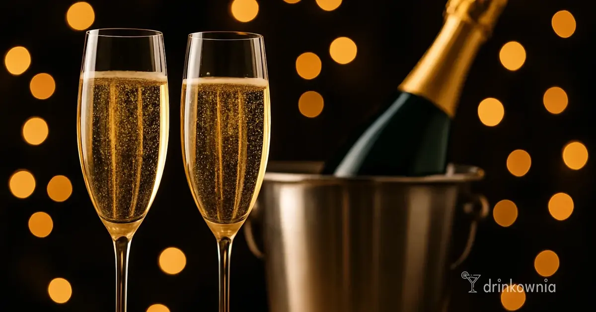 Dwa kieliszki szampana i butelka w coolerze z lodem na tle światełek — idealny wybór szampana na każdą okazję.