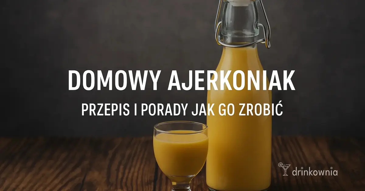 Domowy ajerkoniak w butelce i kieliszku na drewnianym tle – przepis, jak zrobić ajerkoniak w domu krok po kroku.