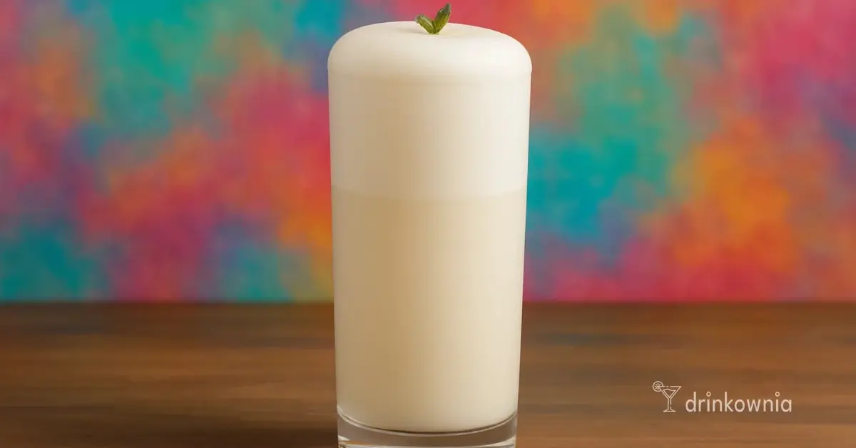 Alt tekst: Ramos Gin Fizz w wysokiej szklance z puszystą pianą, na kolorowym tle – kremowy koktajl cytrusowy z ginem