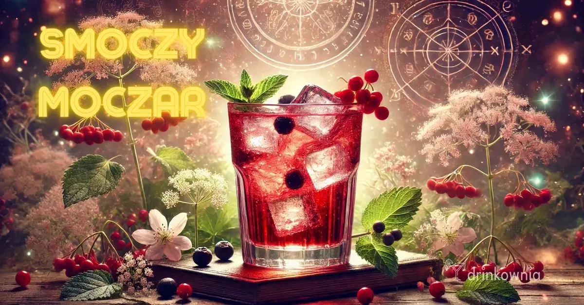 Baśniowy rubinowy drink w wysokim szkle, otoczony mgłą, kwiatami czarnego bzu, jagodami i miętą, w magicznej scenerii.
