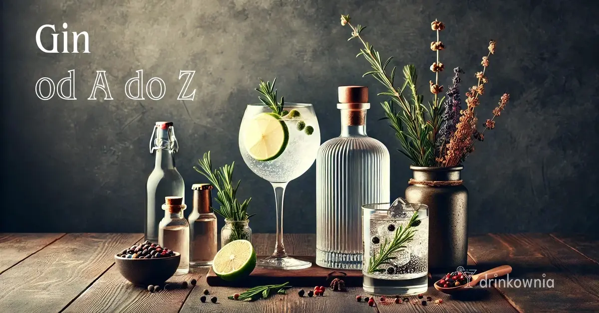 Elegancka kompozycja ginu – butelka ginu, jałowiec, gin z tonikiem w dużym kieliszku i cytrusy na drewnianym stole.