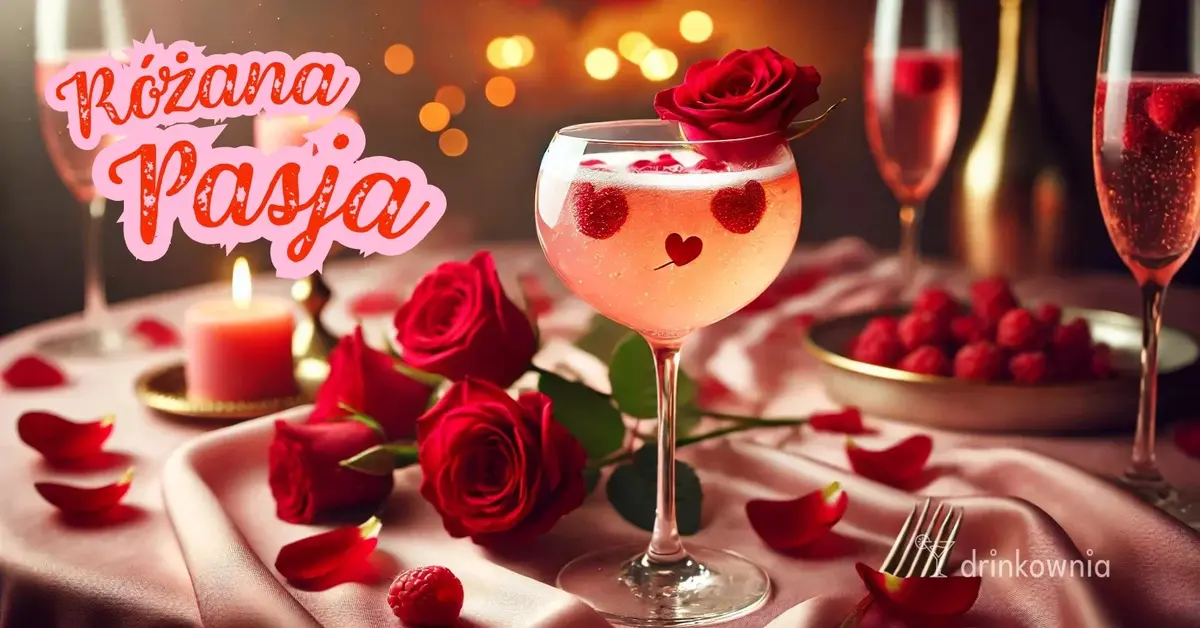 Romantyczny, walentynkowy koktajl Różana Pasja w kieliszku do szampana, z malinami i płatkami róż, otoczony świecami.
