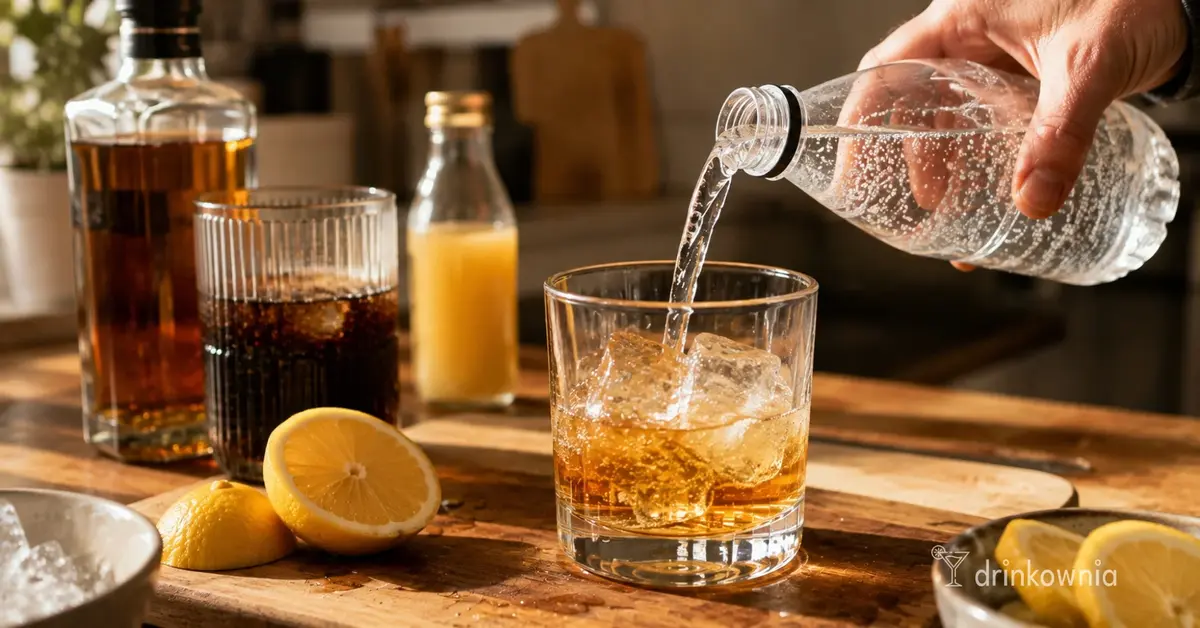 Whisky z lodem dopełniana wodą gazowaną, z cytryną, colą i sokiem na kuchennym blacie.