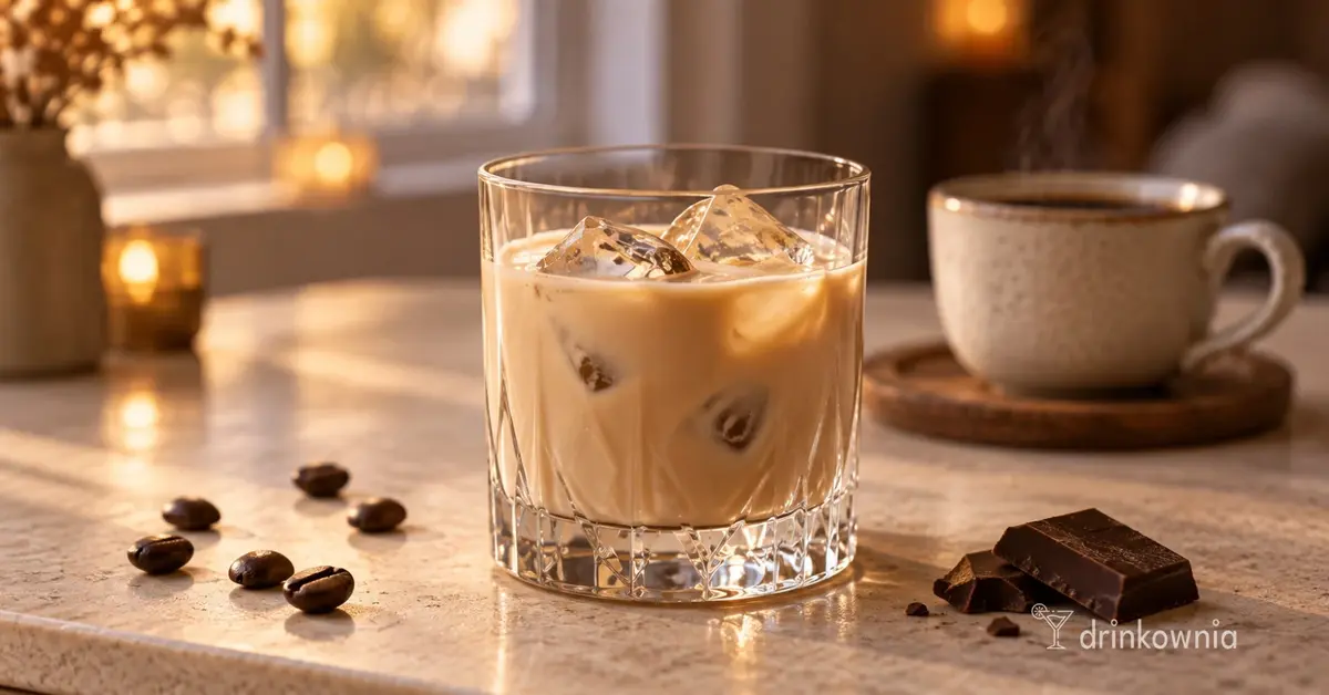 Baileys z lodem obok gorącej kawy i ciemnej czekolady w ciepłym, jesienno-zimowym klimacie