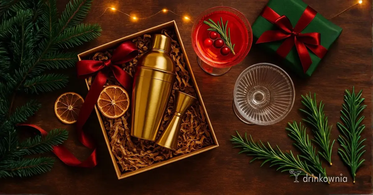 Elegancki zestaw prezentowy do drinków na święta: szkło barowe, shaker, cytrusy i świąteczne dekoracje.